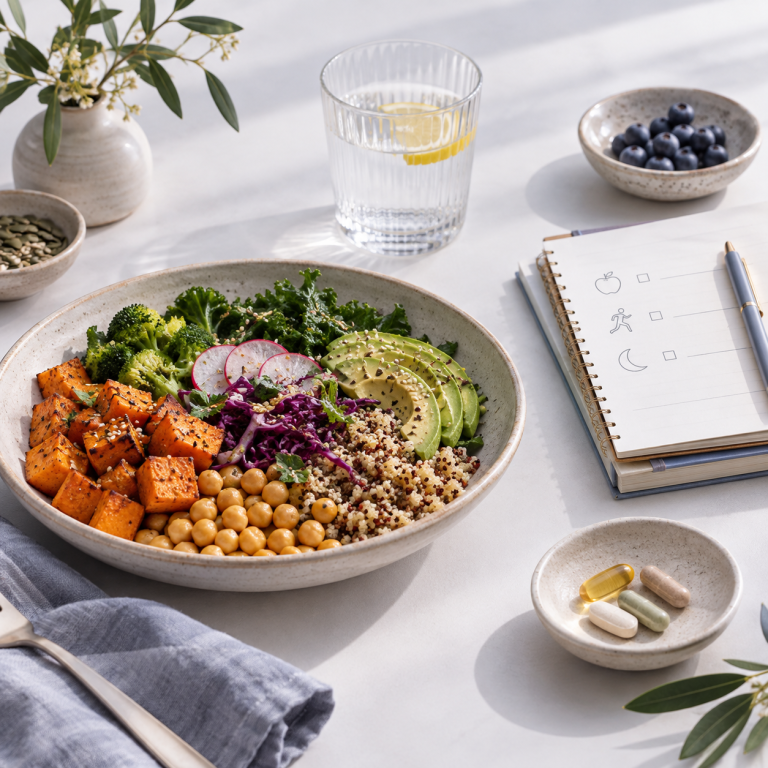 Assiette variée, carnet et flacon neutre illustrant alimentation, consultation et compléments.
